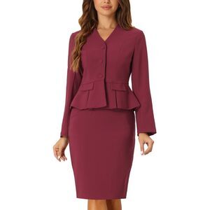 Business Suit Set 2Piece Collarless Peplum Blazer Pencil Skirt Dark Red